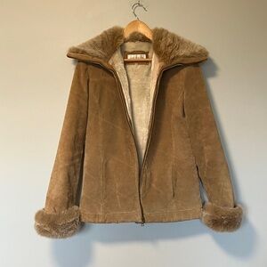 Jones New York Sport Genuine Leather Tan Faux Fur Trim Jacket
